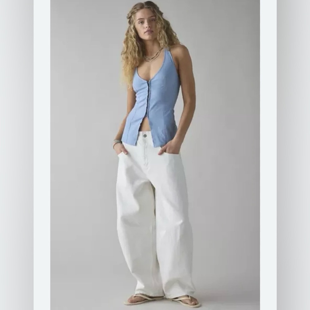 Urban Outfitters UO Sari Seamed Linen-Blend Halter Vest Top Blue Womens NWT